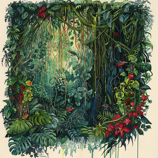 Lush tattoo sketch of a jungle canopy with hanging vines and tropical birds, clipart style