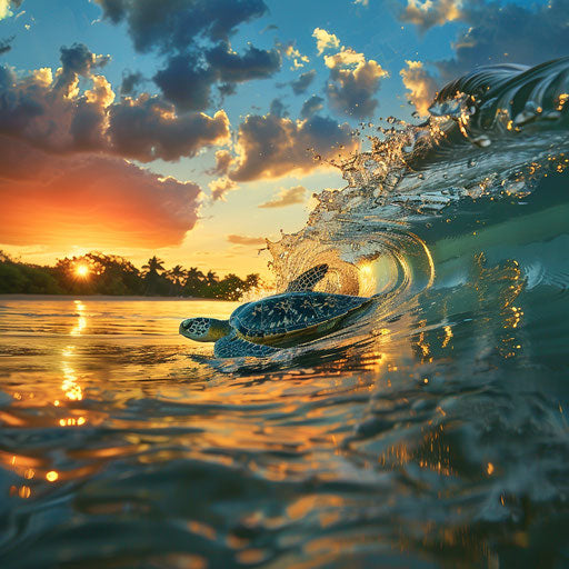 Vibrant sunrise over calm sea, sea turtle silhouette