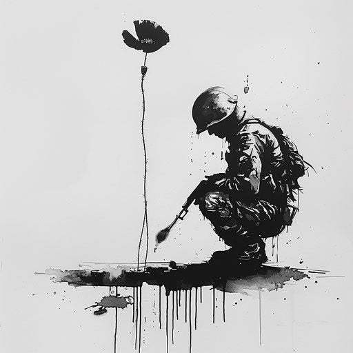 Soldier silhouette with poppy in black and white ink