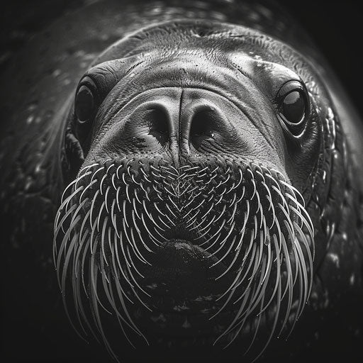 Emotive close-up of a walrus seal, whiskered face and expressive eyes