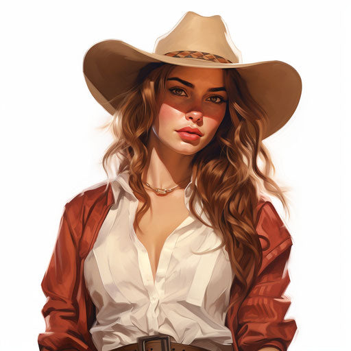 Cowgirl artwork in Oil painting style on white background