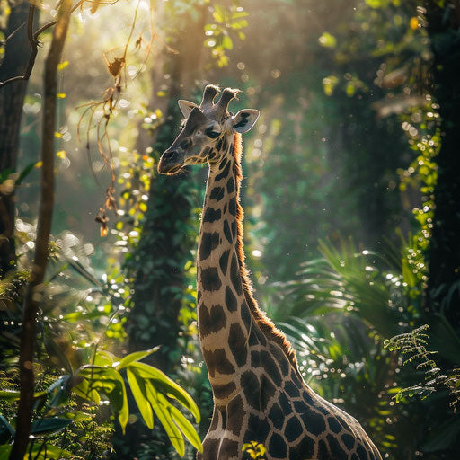 A giraffe reaching for leaves in a dense, sun-dappled forest, showcasing the diversity of their habitats.