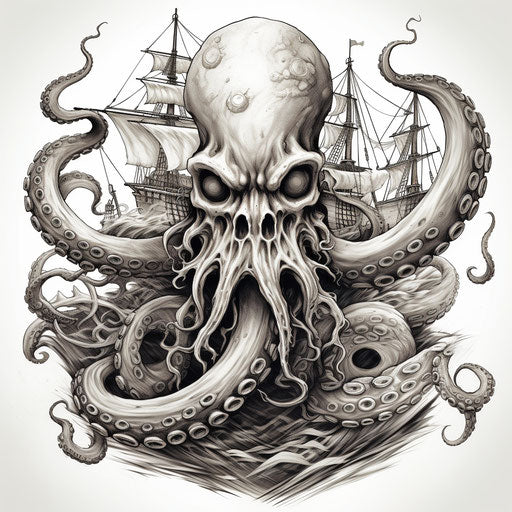 Octopus with skull and ship, distorted proportions style