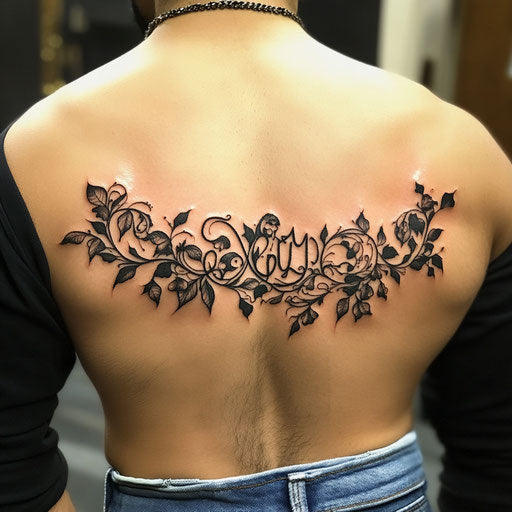 Arabic tattoo with intertwined name and vines on lower back