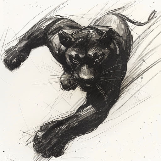 Dynamic black panther mid-leap, bold tattoo sketch