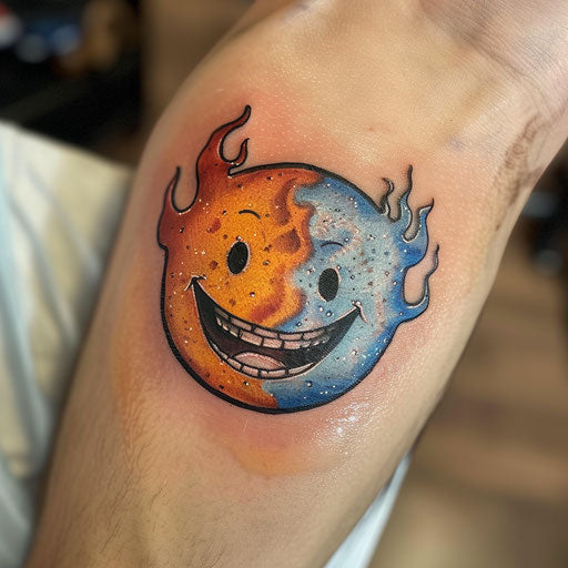 Smiley face tattoo with fire and ice themes on white canvas