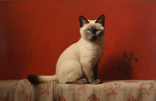 Siamese cat sitting on light maroon and light beige fur