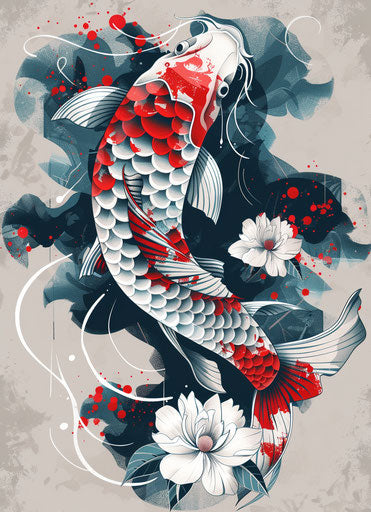 Carp with red, white flower in classic tattoo style