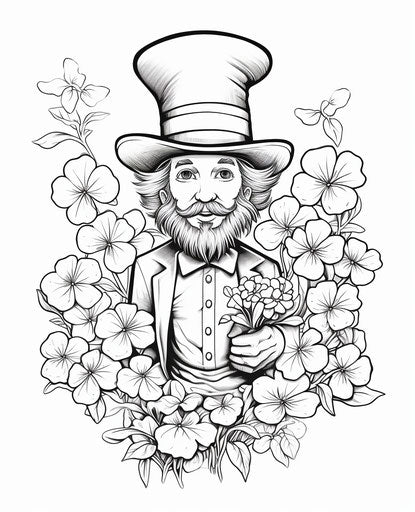 Leprechaun with clover and hat coloring, delicate style, black-and-white