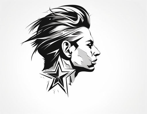 Black and white star tattoo design, sketchfab style, small brushstrokes