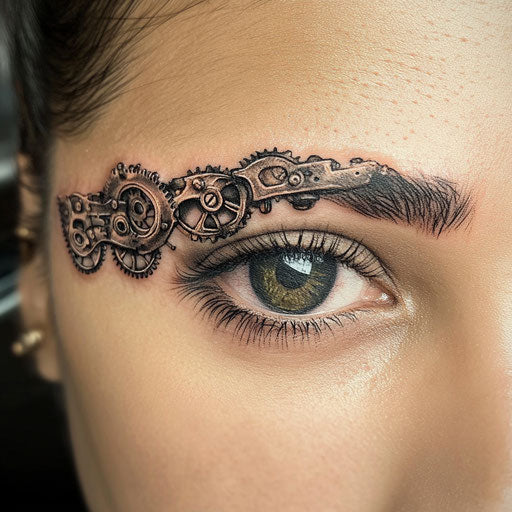 Eyebrow tattoo with mechanical gears and steampunk details