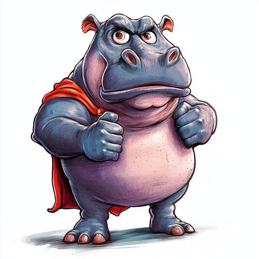 Humorous caricature of a hippo with human characteristics