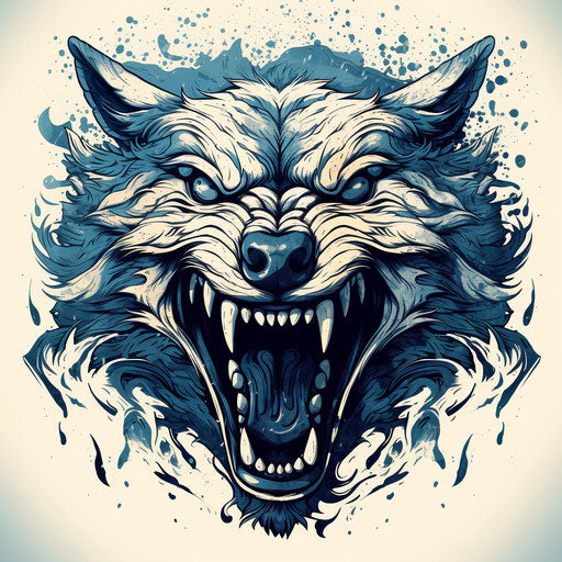 Graphic illustration of a wolf with open mouth, classic tattoo style, light navy and light beige, large canvas sizes, rough clusters, hyper-detailed, graphic print-based, monochrome canvases