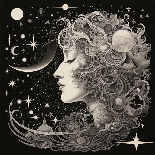 Black and white illustration of sagittarius and the moon