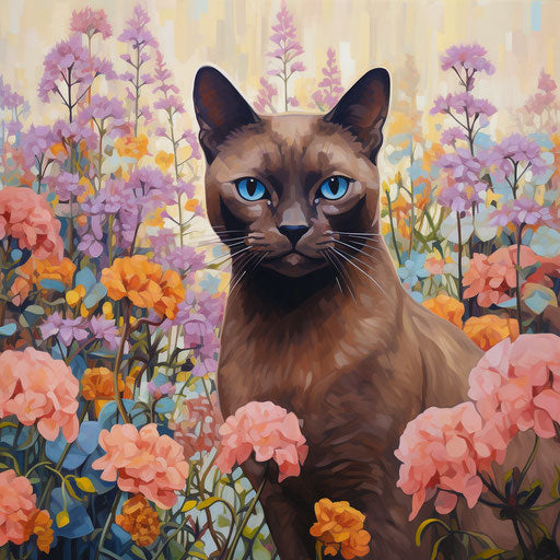 Burmese cat in a field of flowers