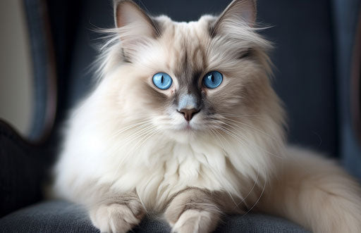 White fluffy cat with black and blue, refined aesthetic