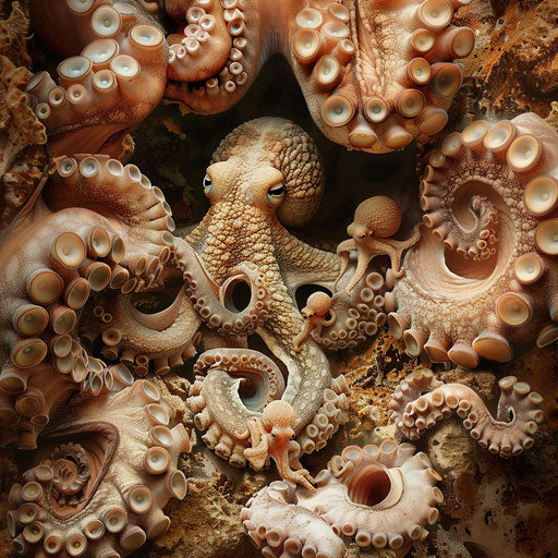 Octopus family in coral crevice