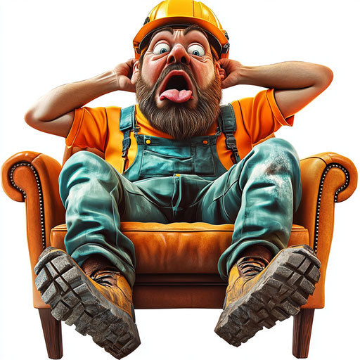 Humorous caricature of a construction worker with exaggerated traits sitting on a couch