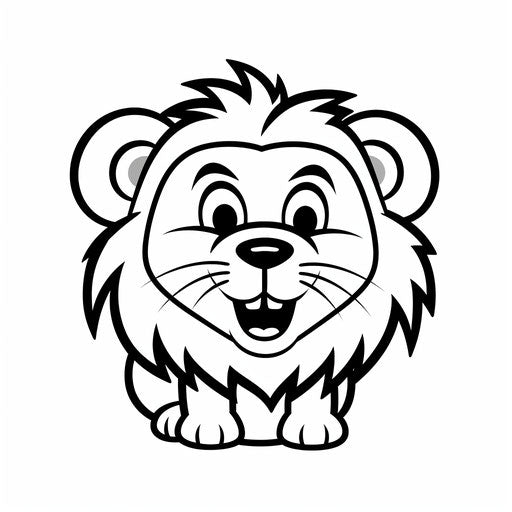A lion with a smile, simplified line work style in black and white