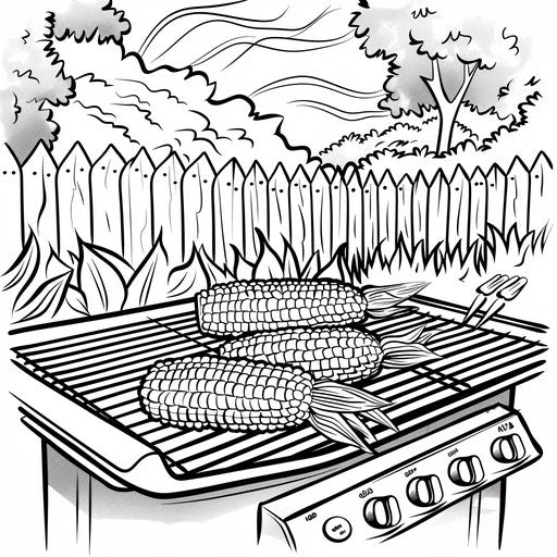 Grilled corn on barbecue, detailed illustration, coloring