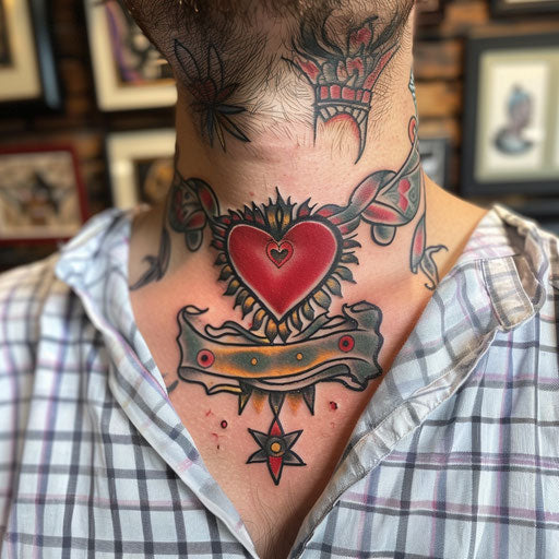 Neck tattoo of a heart and banner, in the style of Ed Hardy