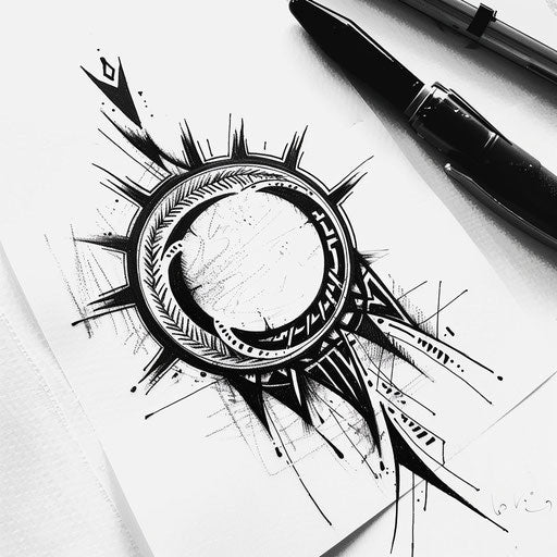 Artistic tattoo sketch of a rising sun with tribal patterns and a monochrome palette