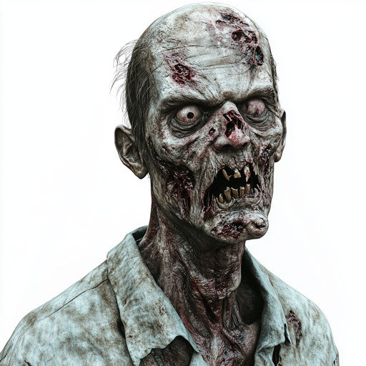 Realistic 3D zombie on flat white background, isolated clipart