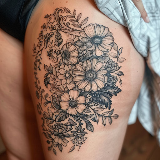 Floral mandala thigh tattoo in the style of Merian
