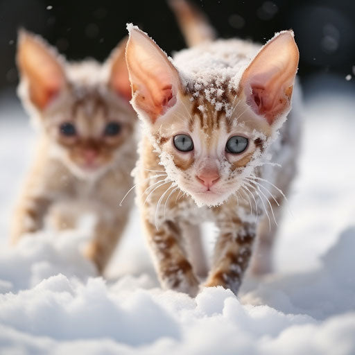 Cornish Rex kittens playing in the snow