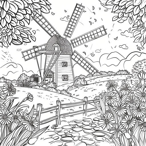 Autumn fields and flowers around a picturesque windmill