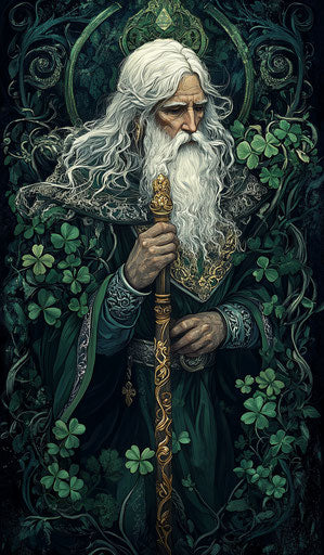 Detailed illustration of Saint Patrick in green and silver attire, surrounded by clover leaves