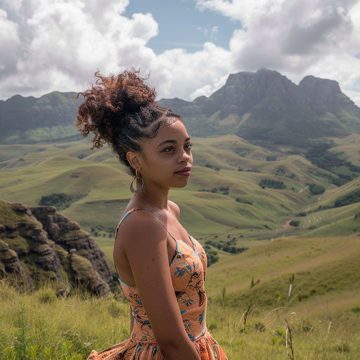 Movie Scene in Kwazulu Natal, a Beautiful African American Female 29 at the Scenic Drakensberg Mountains