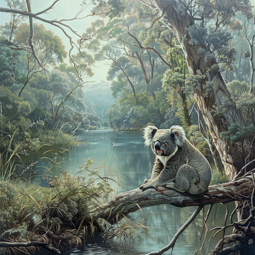 Koala near a tranquil riverbank, in the style of Paul Souders