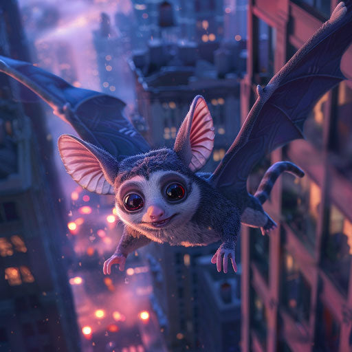 A superhero sugar glider flying to the rescue in a city at night