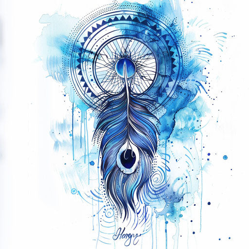Blue Throat Chakra tattoo design, ethereal feather and sound wave patterns on white background