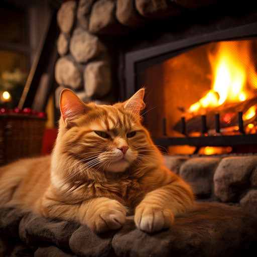 Orange cat in front of a fire in a fireplace