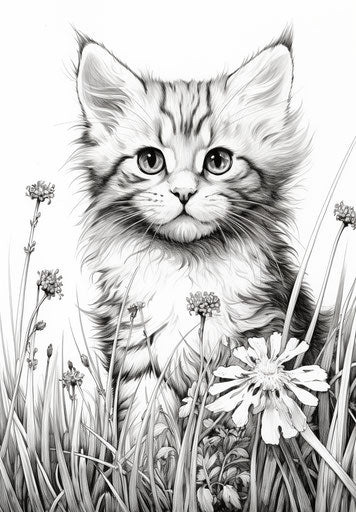 A meticulously drawn kitten sitting in the grass