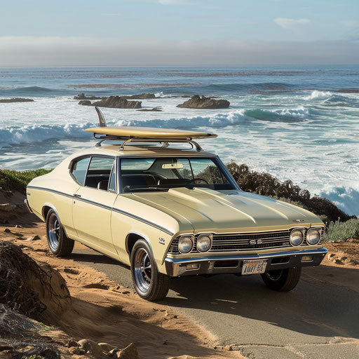 1969 Chevrolet Chevelle SS surf wagon with surfboard on top