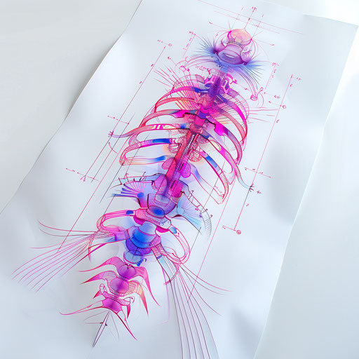 Blueprint of neon-colored retro futuristic spine tattoo design