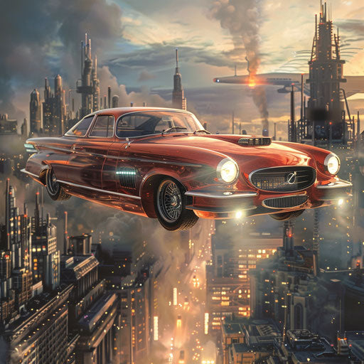 Retro-futuristic 1966 Volvo P1800 with hover conversion hovering over a city of tomorrow