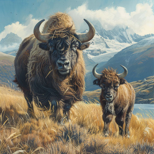 Yak mother and calf walking in a meadow of tall grasses