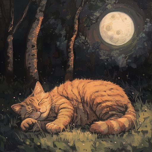 chubby cat lying outside at night