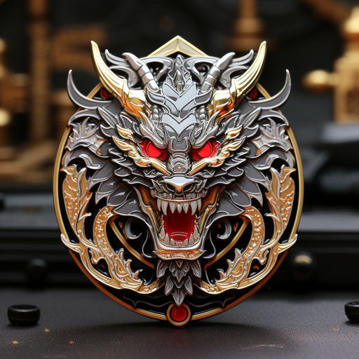 Black enamel pin with red and white dragon