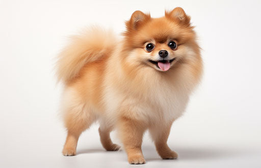Small Pomeranian dog on white background, light orange and light maroon style
