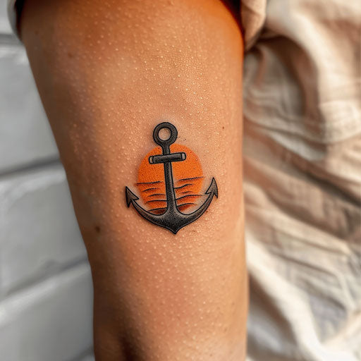 Nautical sunset tattoo with anchor silhouette