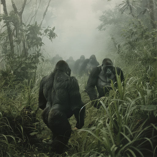 Solemn procession of western lowland gorillas in morning mist