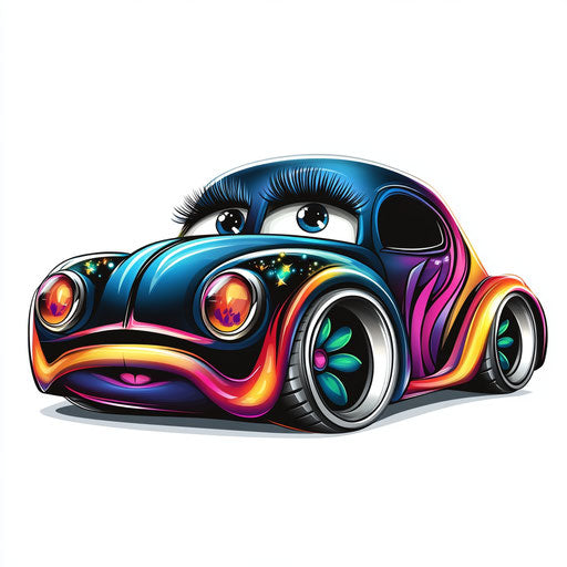 Humorous caricature of a toy car with human characteristics
