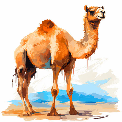 Camel drawing in the style of an oil painting, on a white background