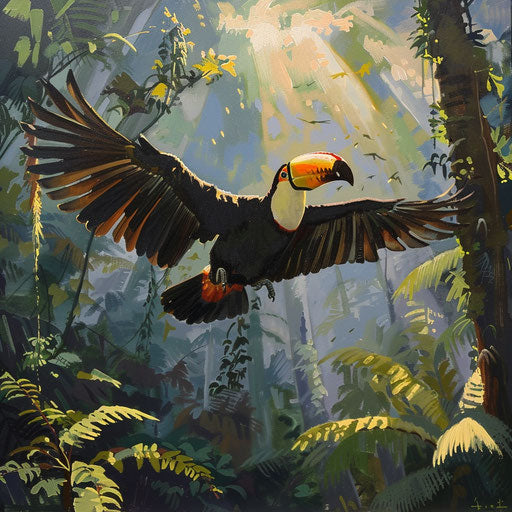 Toucan flying over the canopy of a sunlit ancient forest