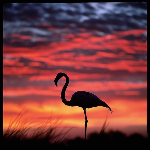 Lone flamingo amidst vibrant sunset